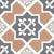 CT-019 Moroccan vitrified tile with symmetrical floral motifs in white, set against a geometric backdrop of terracotta, grey, and beige tones, creating a traditional yet stylish design.