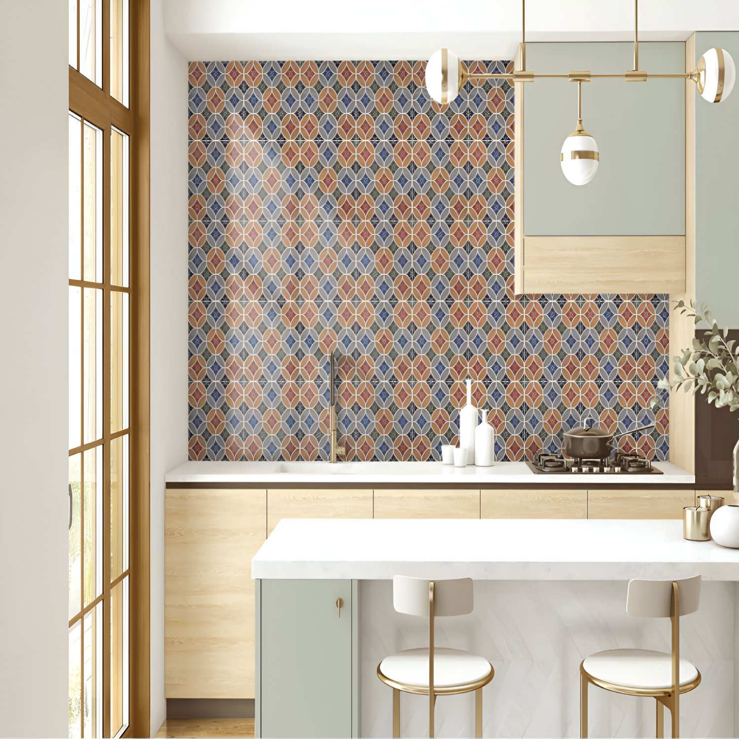 CT-01 Moroccan Vitrified Tile 12x12 Inch – Eye-catching tile with interlocking petal patterns and floral star accents in orange, blue, green, and earthy tones, perfect for Moroccan-style interiors