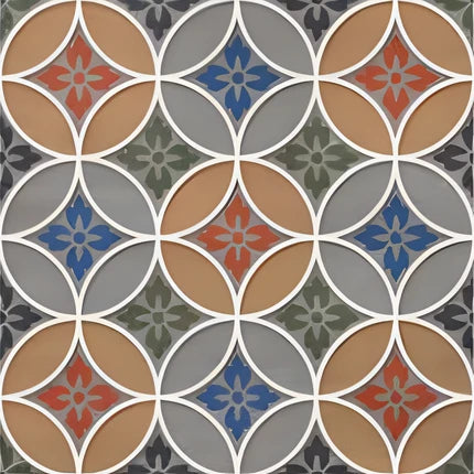 CT-01 Moroccan Vitrified Tile 12x12 Inch – Eye-catching tile with interlocking petal patterns and floral star accents in orange, blue, green, and earthy tones, perfect for Moroccan-style interiors