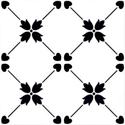 CT-024 Moroccan vitrified tile featuring bold black floral elements arranged in a curved symmetrical pattern on a pristine white background, creating a refined monochrome design.









