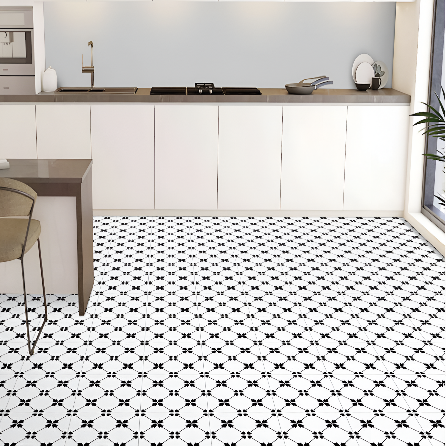CT-024 Moroccan vitrified tile featuring bold black floral elements arranged in a curved symmetrical pattern on a pristine white background, creating a refined monochrome design.









