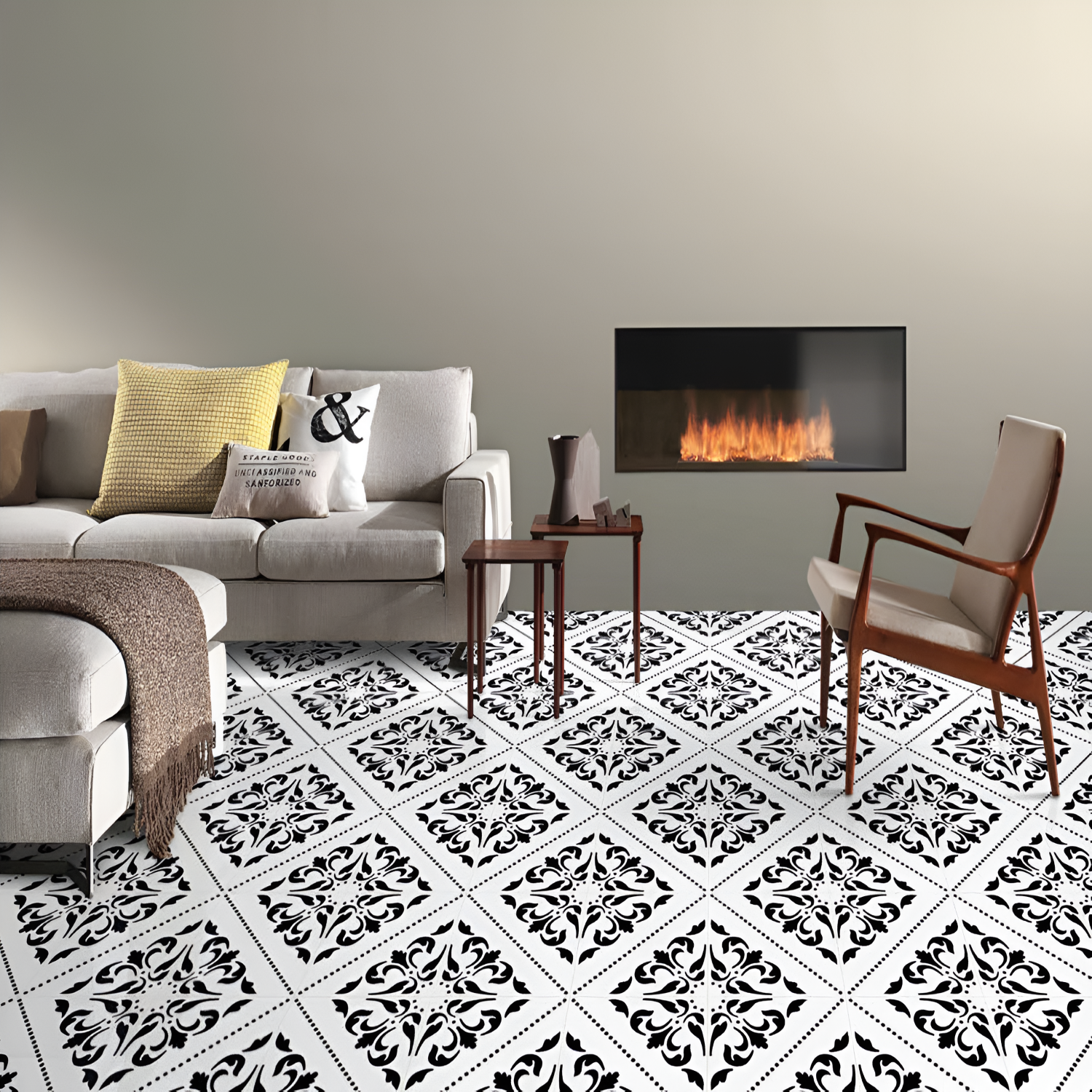 CT-025 Moroccan vitrified tile with a white base and elegant black floral motifs arranged diagonally, separated by dotted lines for a classic yet artistic look.