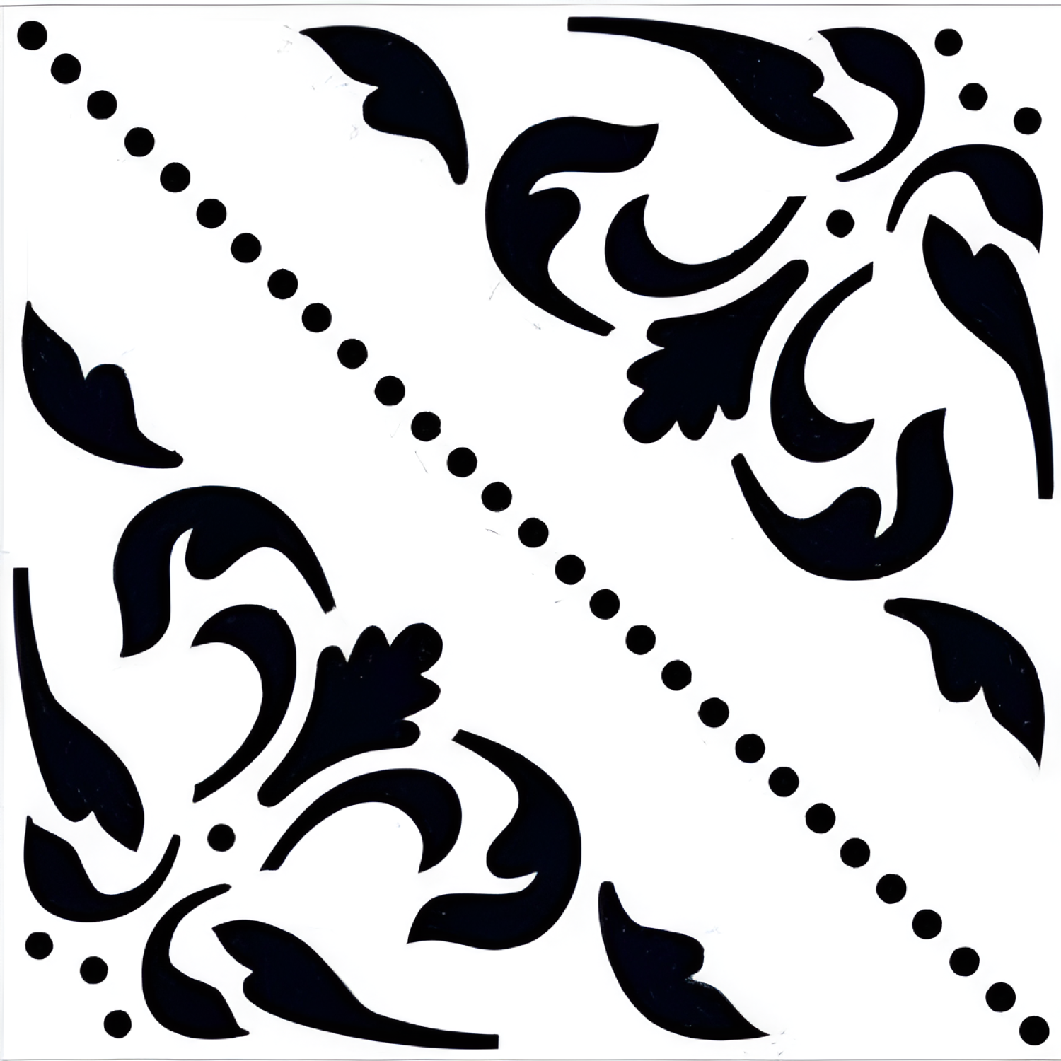 CT-025 Moroccan vitrified tile with a white base and elegant black floral motifs arranged diagonally, separated by dotted lines for a classic yet artistic look.
