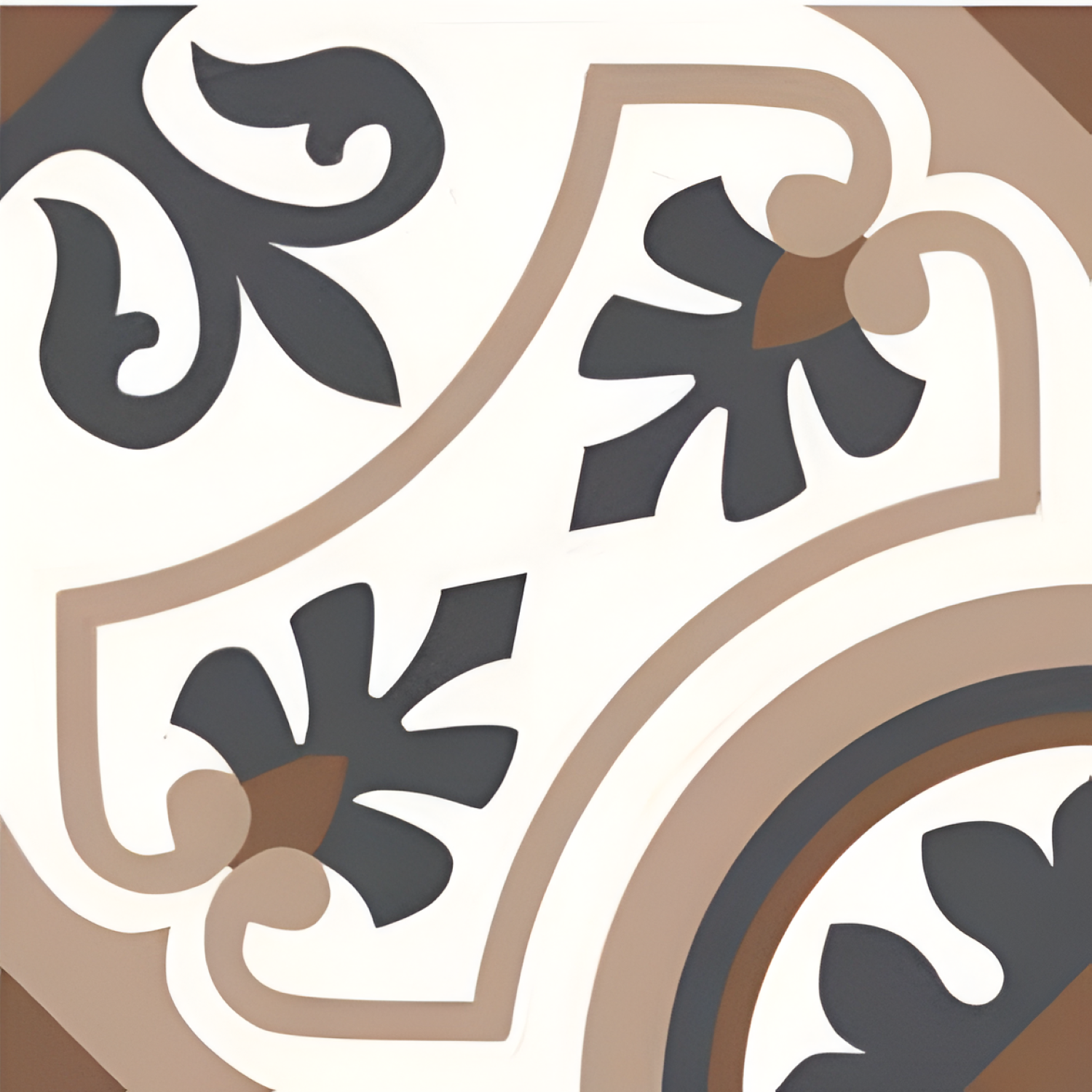 CT-027 Moroccan vitrified tile showcasing an ornate floral and curve motif in beige, brown, and charcoal tones on a white base, creating a classic Mediterranean-inspired aesthetic.









