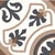 CT-027 Moroccan vitrified tile showcasing an ornate floral and curve motif in beige, brown, and charcoal tones on a white base, creating a classic Mediterranean-inspired aesthetic.









