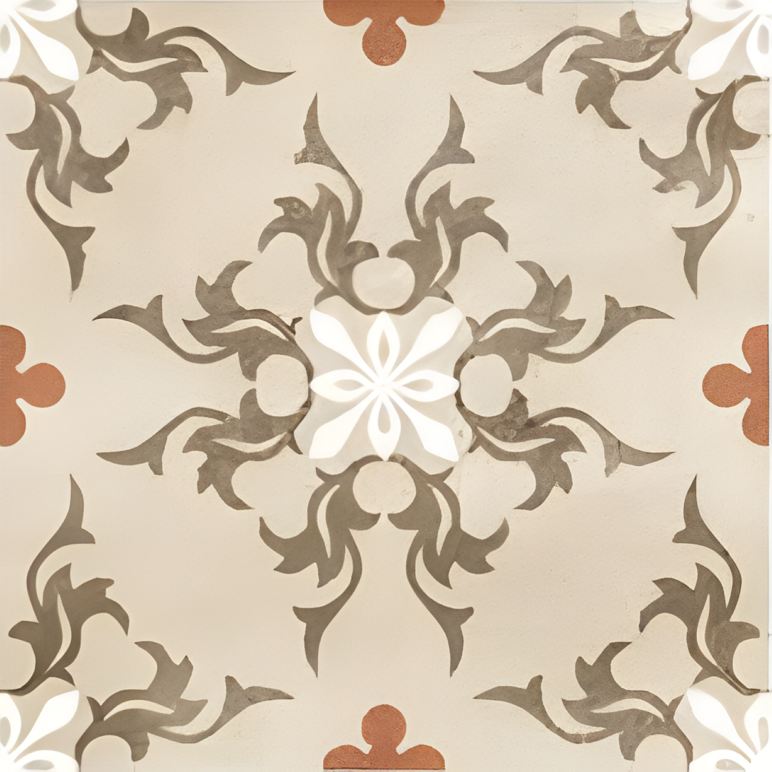 CT-02 Moroccan Vitrified Tile 12x12 Inch – Vintage-style beige Moroccan tile with ornate floral and vine patterns in brown and white, perfect for classic and rustic décor