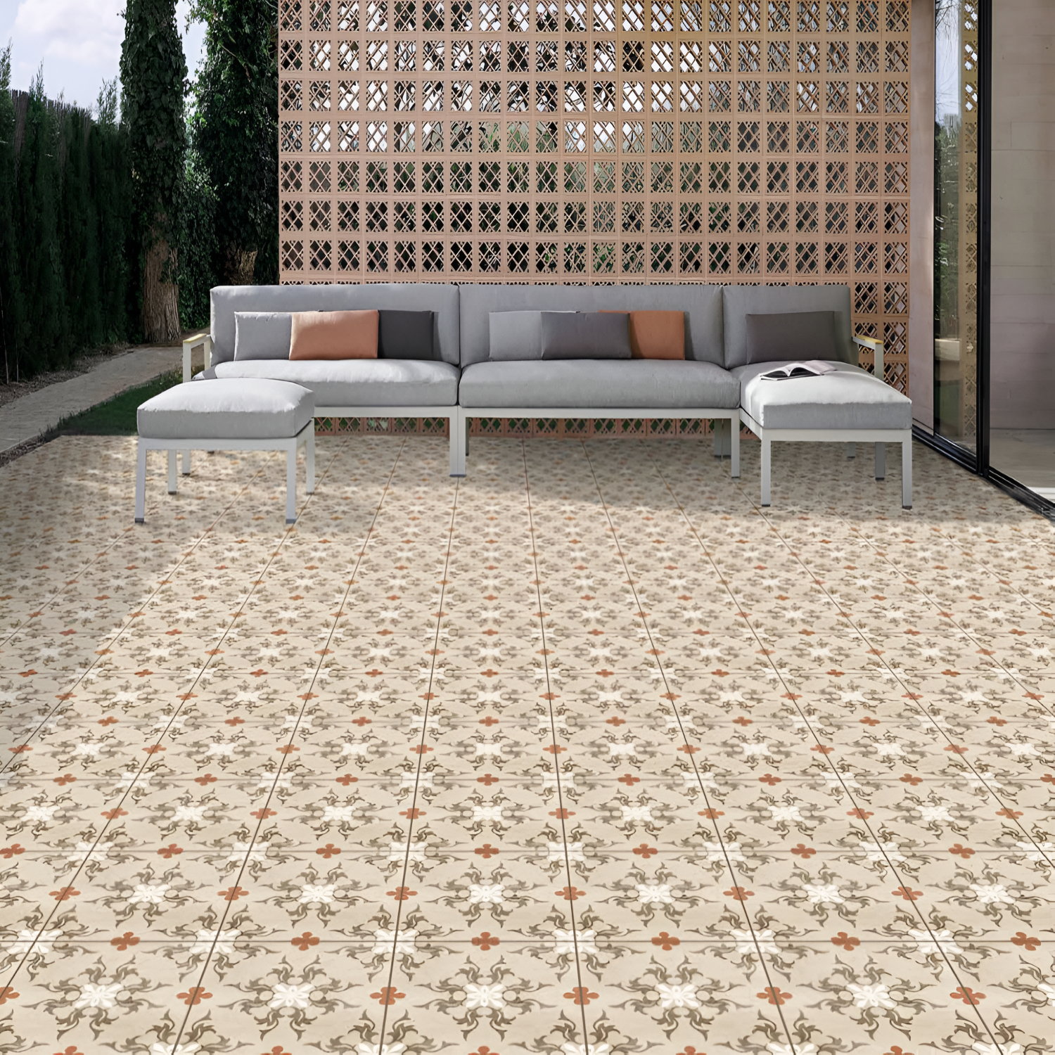 CT-03 Moroccan Vitrified Tile 12x12 Inch – Vintage-style beige Moroccan tile with ornate floral and vine patterns in brown and white, perfect for classic and rustic décor