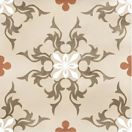 CT-03 Moroccan Vitrified Tile 12x12 Inch – Vintage-style beige Moroccan tile with ornate floral and vine patterns in brown and white, perfect for classic and rustic décor