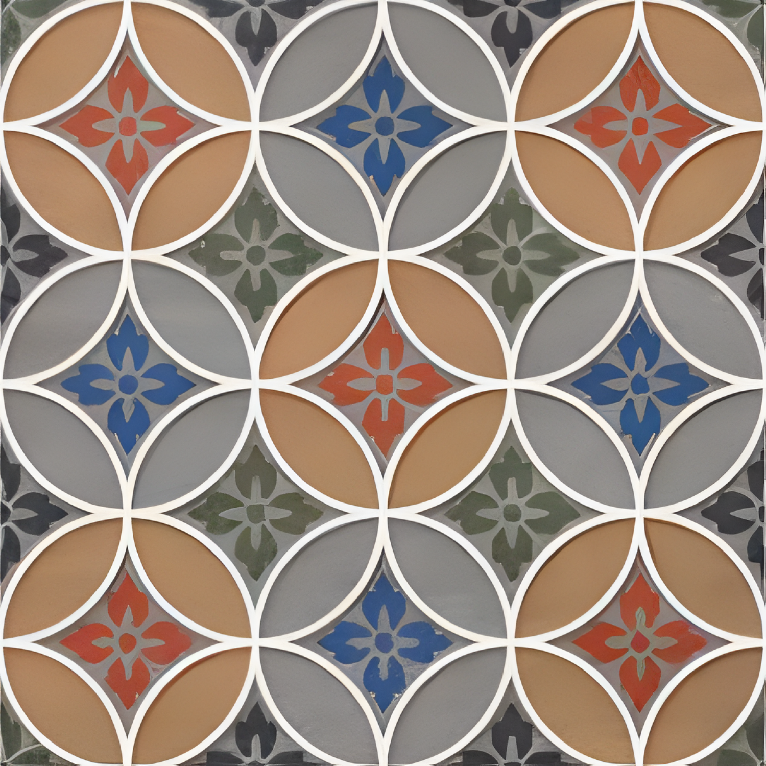 CT-06 Moroccan Vitrified Tile 12x12 Inch – Eye-catching tile with interlocking petal patterns and floral star accents in orange, blue, green, and earthy tones, perfect for Moroccan-style interiors