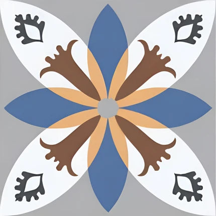 CT-09 Moroccan Vitrified Tile 12x12 Inch – Elegant Moroccan tile featuring a floral starburst design in blue, brown, white, and grey, perfect for walls and floors with a vintage charm.