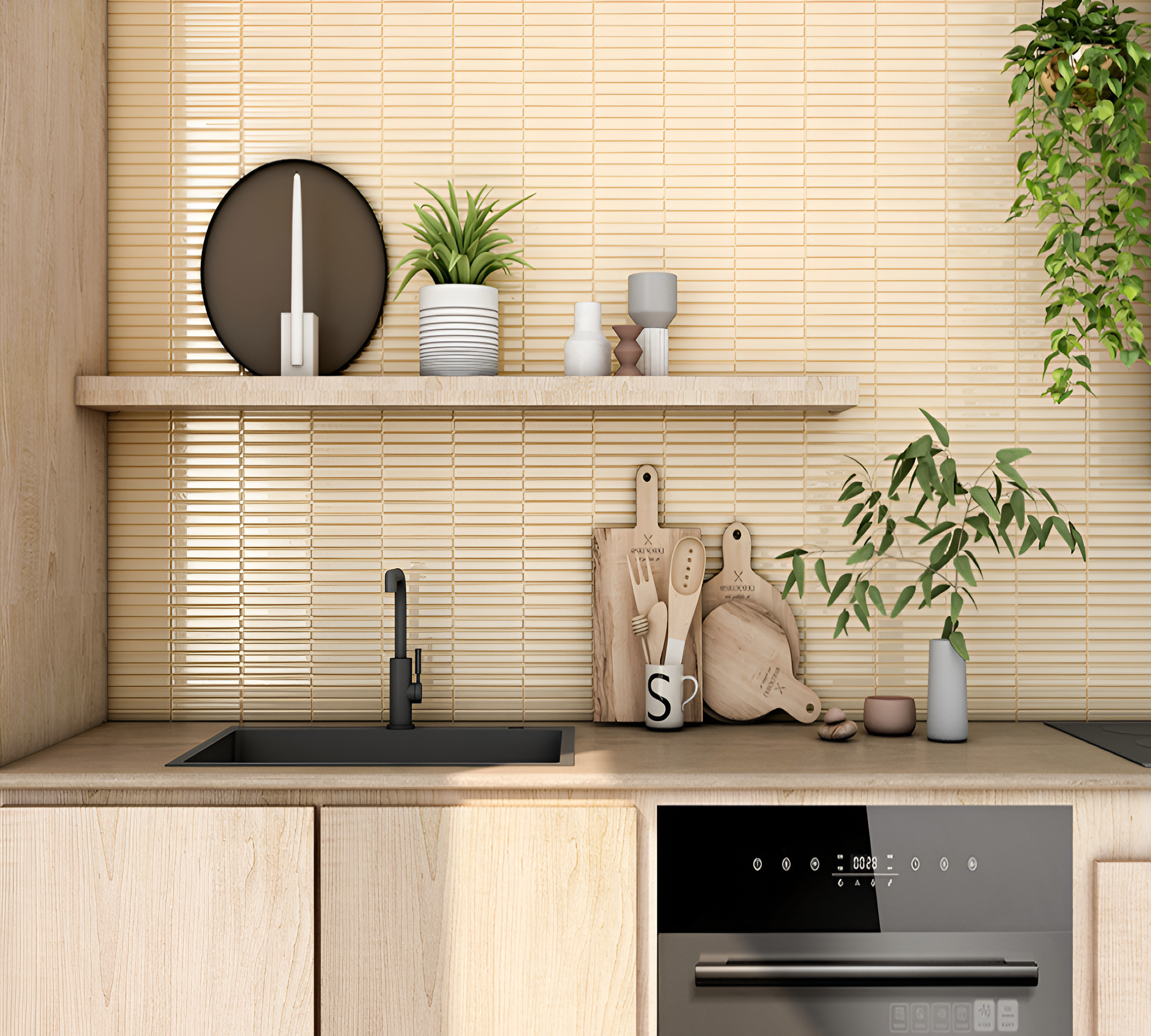 CTB-29 Kitkat Ceramic Tile 12x12 inch in glossy beige finish showing vertical subway-style strips arranged in a kitkat pattern, perfect for modern kitchen backsplash, bathroom wall, or feature accent wall design.