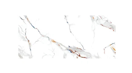 Calcutta Prism Marble Vitrified Tile 24 Inch x 48 Inch featuring a polished white finish with bold gray marble veining ideal for luxurious wall and floor applications in living rooms kitchens and commercial spaces
