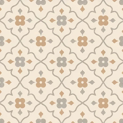 Caramel Moroccan Vitrified Tile 16x16 Inch – 16×16 inch matt vitrified floor tile in warm caramel-brown tone with printed Moroccan-rangoli geometric pattern; road and wall durable.