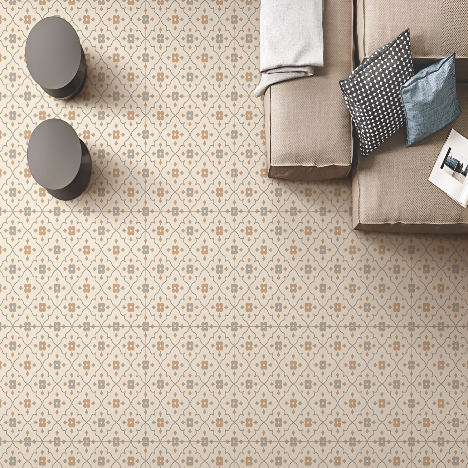 Caramel Moroccan Vitrified Tile 16x16 Inch – 16×16 inch matt vitrified floor tile in warm caramel-brown tone with printed Moroccan-rangoli geometric pattern; road and wall durable.