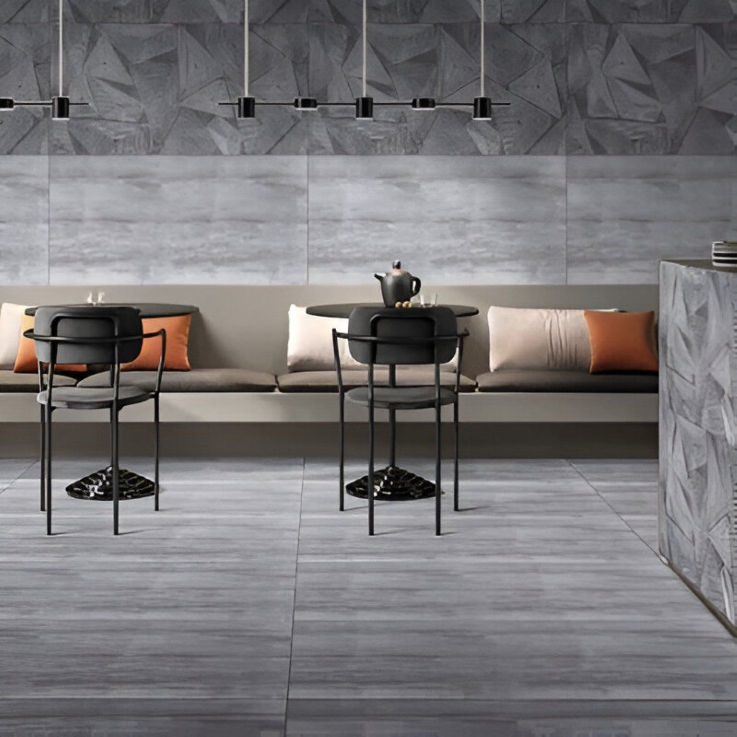 Chic Decor Vitrified Moroccan Tile 24x48 Inch – Large-format matt black vitrified tile featuring an intricate Moroccan-inspired geometric pattern in tonal textures, ideal for sleek, modern walls and floors.