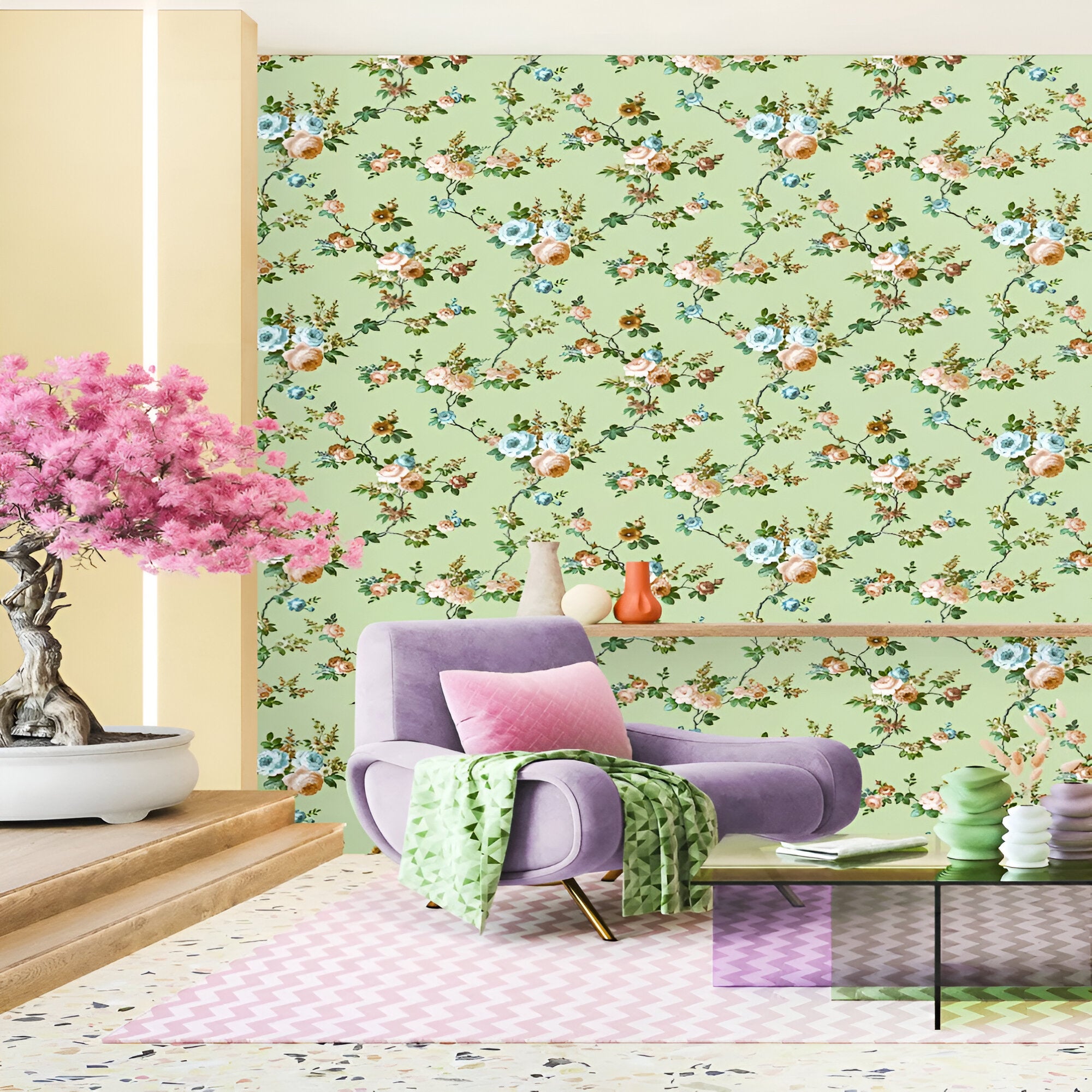 Chroma 74054-3 Floral Green Wallpaper featuring a soft green background with intricate botanical motifs and delicate floral patterns.