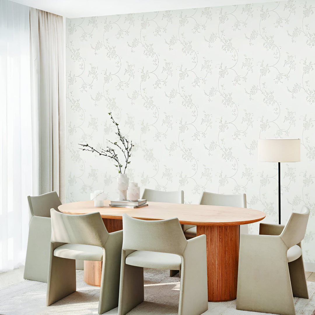 Chroma 74056-1 white floral wallpaper featuring elegant, intricately detailed flower patterns on a soft white background, designed to add sophistication and timeless charm to living rooms, bedrooms, hallways, and office interiors.