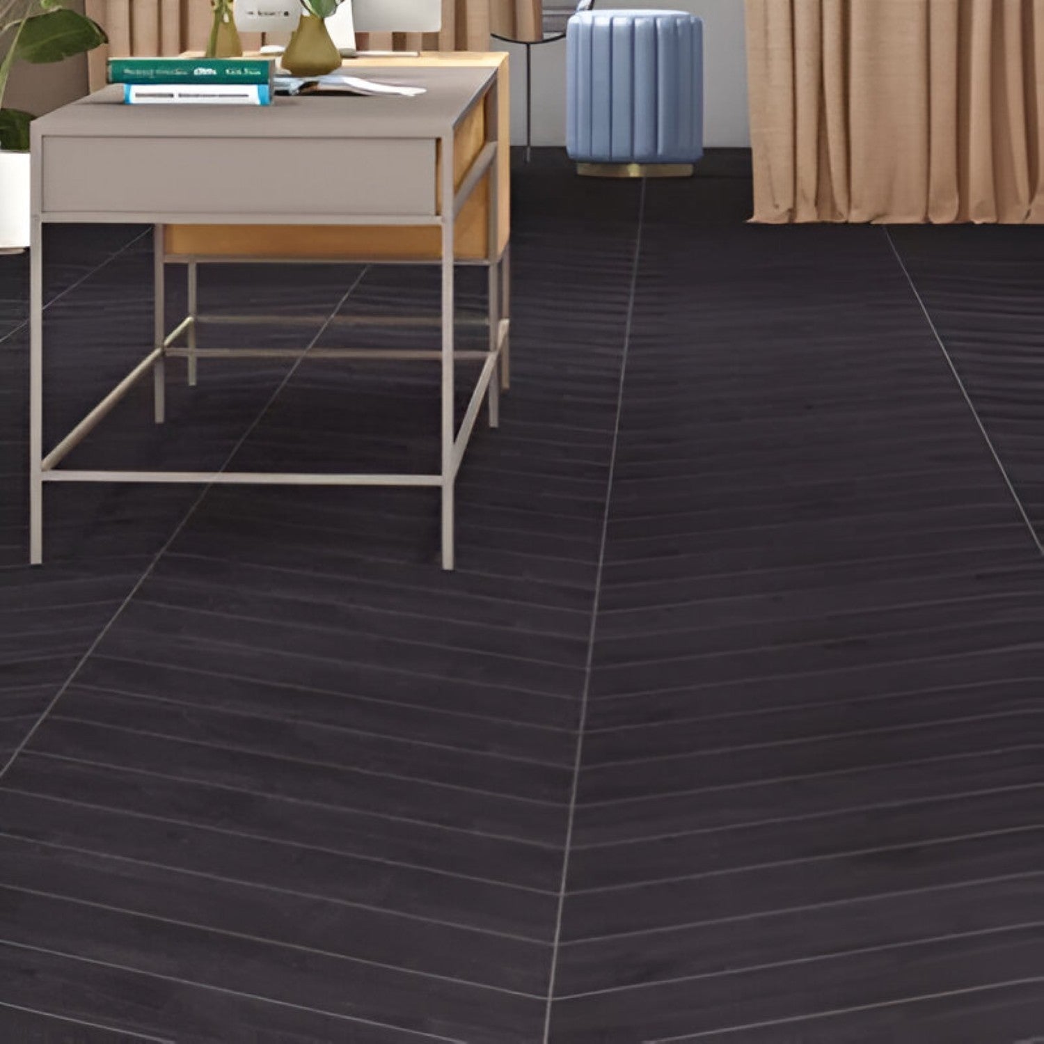Classic Jet Black Chevron Wooden Tile 6x36 Inch, featuring sleek black wood-like tones arranged in a chevron pattern, ideal for modern and durable flooring or wall applications.
