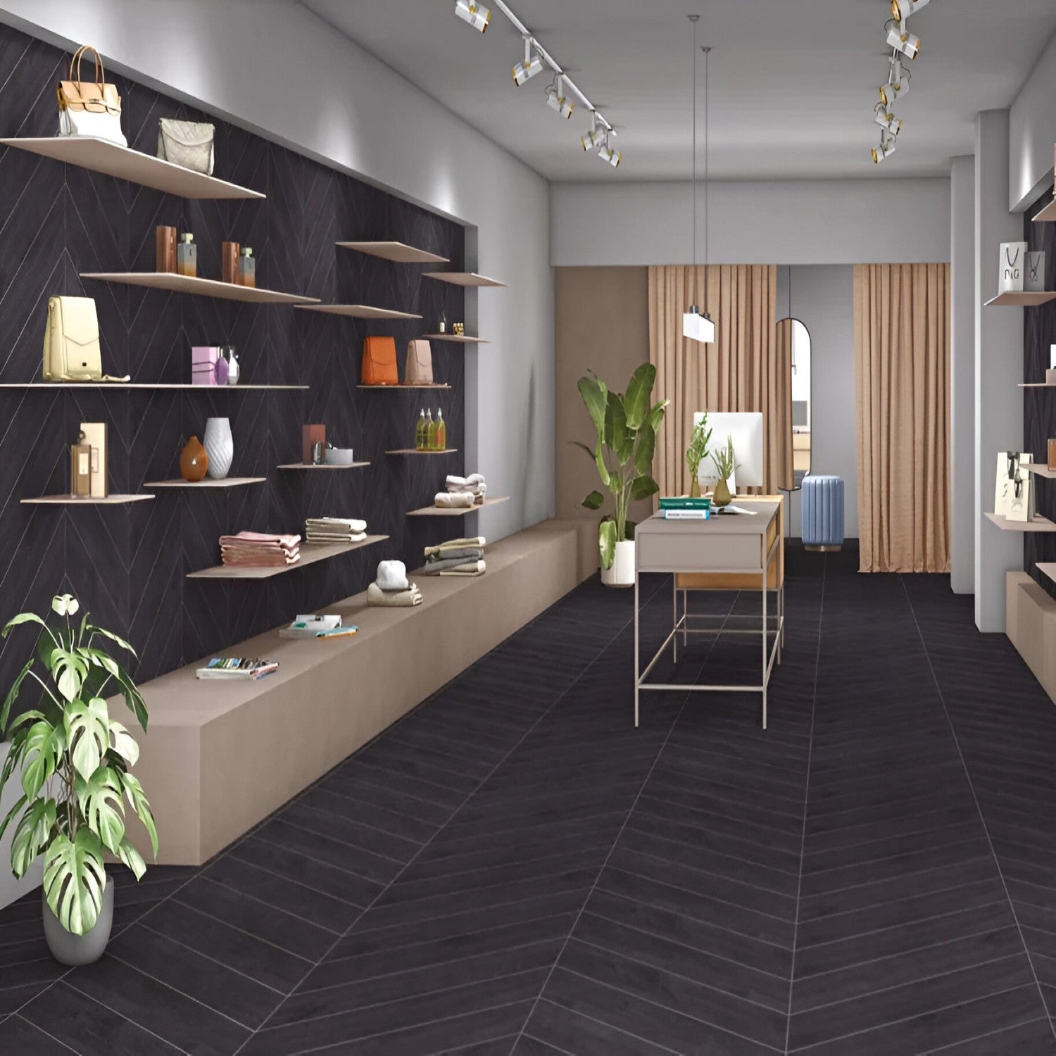 Classic Jet Black Chevron Wooden Tile 6x36 Inch, featuring sleek black wood-like tones arranged in a chevron pattern, ideal for modern and durable flooring or wall applications.
