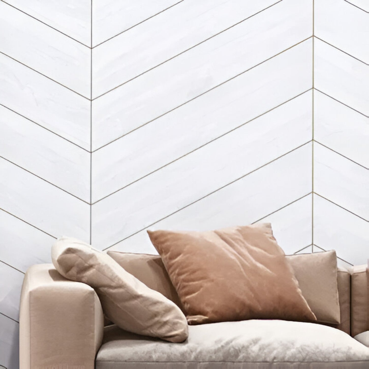 Classic White Chevron Wooden Tile 6x36 Inch, featuring clean white wood-like tones arranged in a chevron pattern, perfect for elegant and durable flooring or wall applications.
