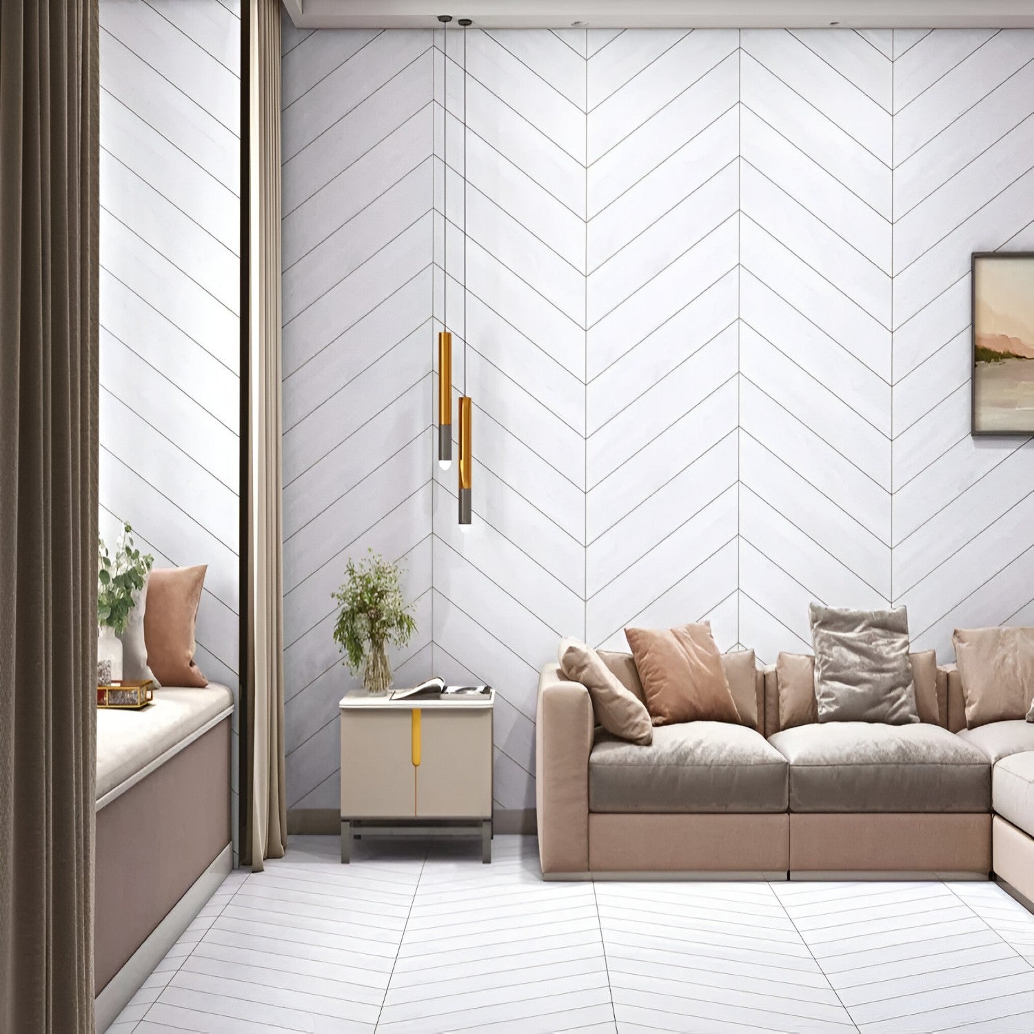 Classic White Chevron Wooden Tile 6x36 Inch, featuring clean white wood-like tones arranged in a chevron pattern, perfect for elegant and durable flooring or wall applications.
