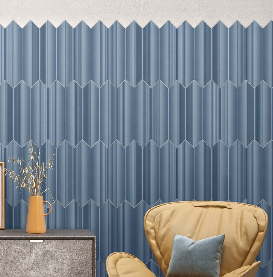 Blue color picket shaped subway tile for wall