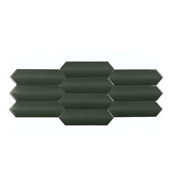 Elegant green picket ceramic wall tile with ribbed detailing and a smooth finish, ideal for adding natural tones to interiors.