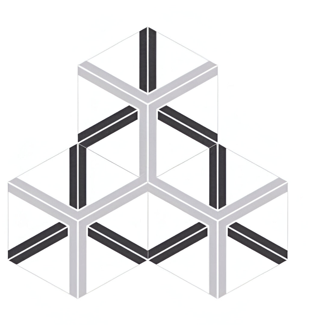 Cool Plot Matt Porcelain Tile 8x10 Inches – hex tile with 3D geometric cube pattern in black, white, and grey for wall and floor use

