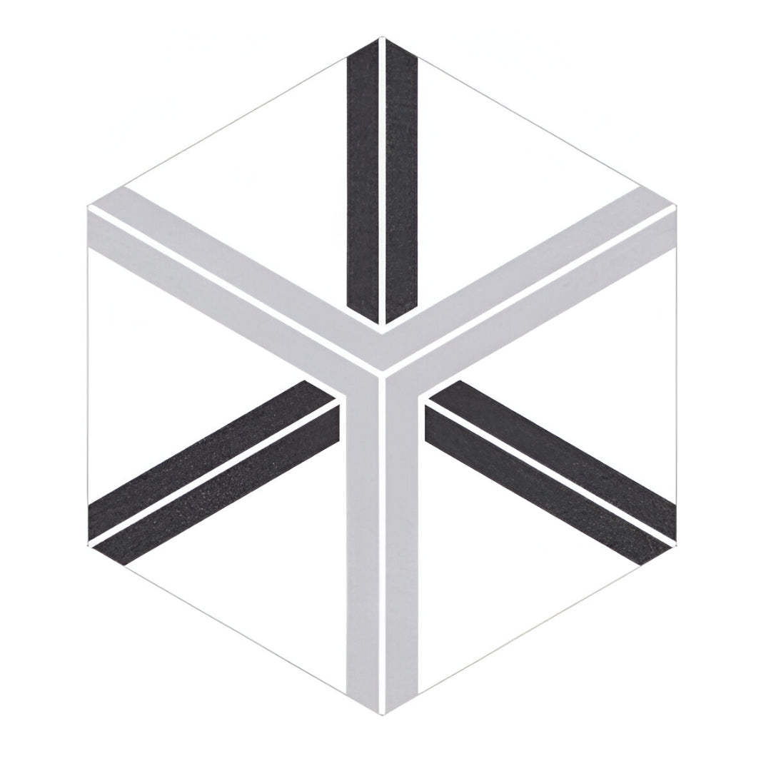 Cool Plot Matt Porcelain Tile 8x10 Inches – hex tile with 3D geometric cube pattern in black, white, and grey for wall and floor use

