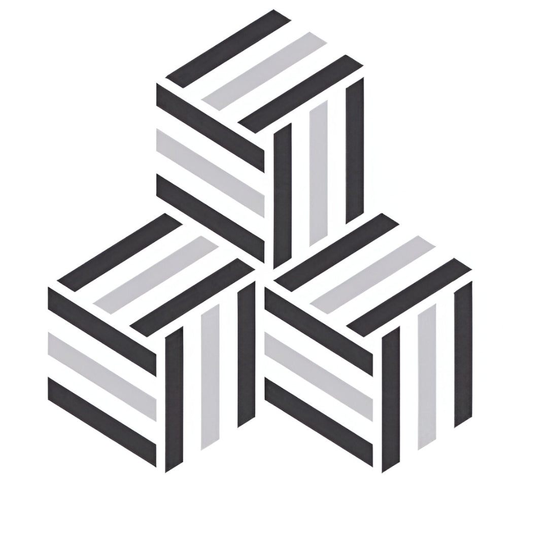 Cool Runup Matt Porcelain Tile 8x10 Inches – hex tile with striped 3D cube illusion in black, grey, and white, suitable for floor and wall use

