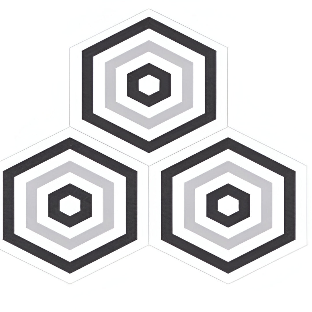 Cool Target Matt Porcelain Tile 8x10 Inches – hex tile with black and grey concentric circles on white base, for floor and wall use

