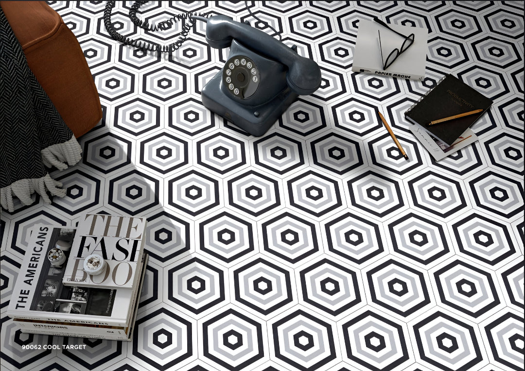 Cool Target Matt Porcelain Tile 8x10 Inches – hex tile with black and grey concentric circles on white base, for floor and wall use

