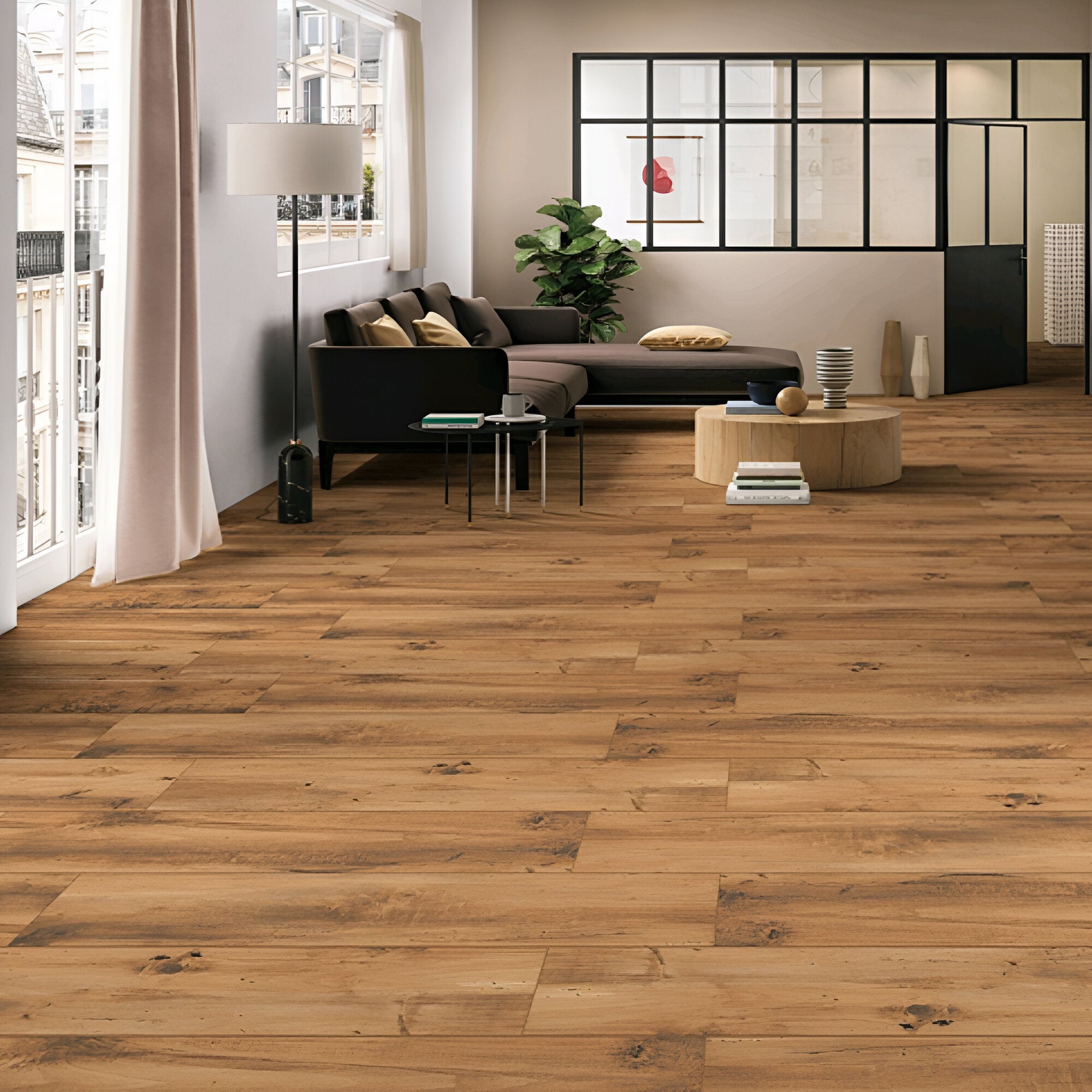 Copper Tuscany Wooden Plank Matt Vitrified Floor Tile in 8×48 Inch size, showing natural warm copper wood grain texture and long plank layout ideal for living room or bedroom flooring, demonstrating realistic wooden appearance with smooth matt surface.