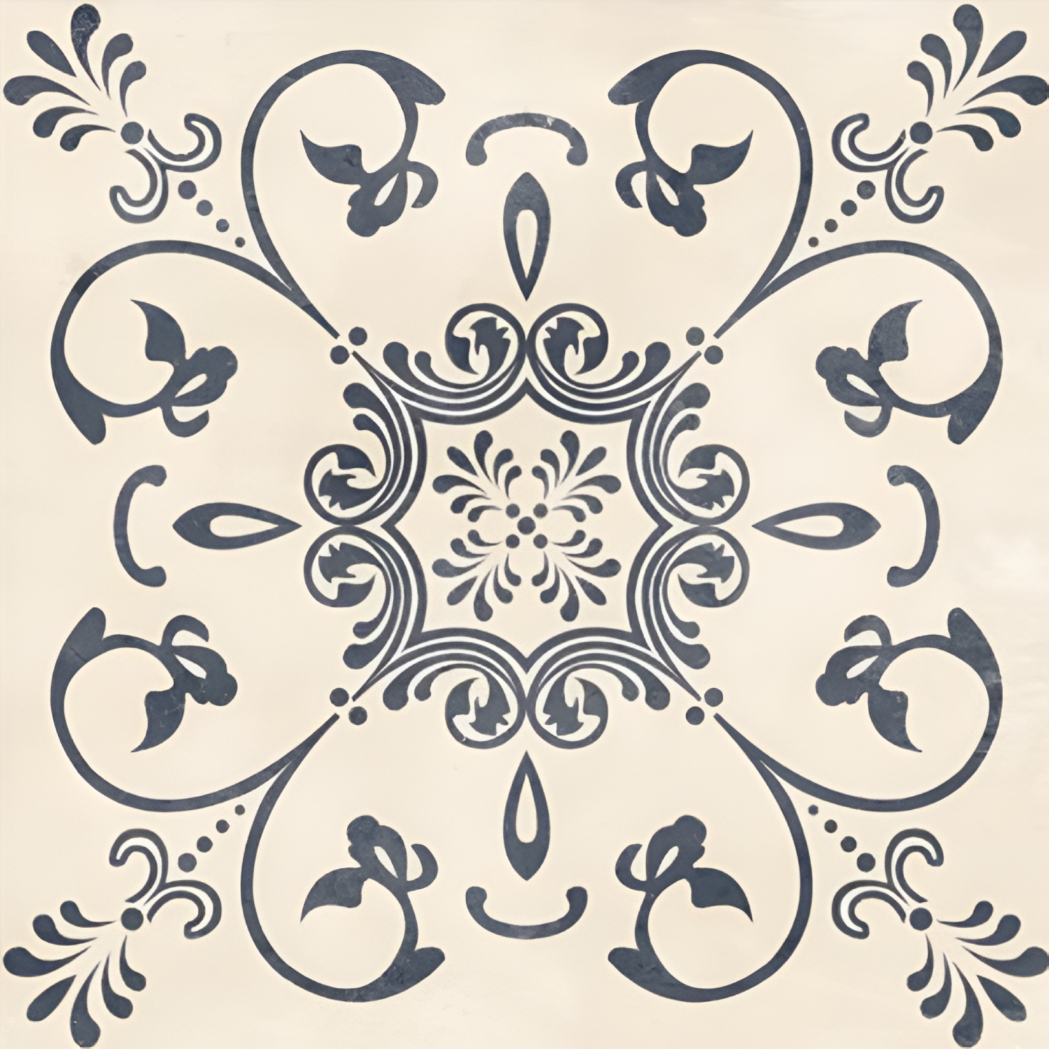 Corolla Moroccan Vitrified Tile – 16×16 inch matt vitrified tile in soft beige tones, featuring a printed Moroccan-inspired rangoli geometric pattern, ideal for modern floors and walls.