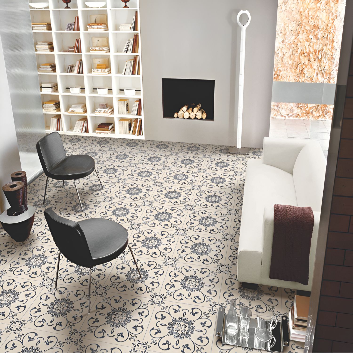 Corolla Moroccan Vitrified Tile – 16×16 inch matt vitrified tile in soft beige tones, featuring a printed Moroccan-inspired rangoli geometric pattern, ideal for modern floors and walls.