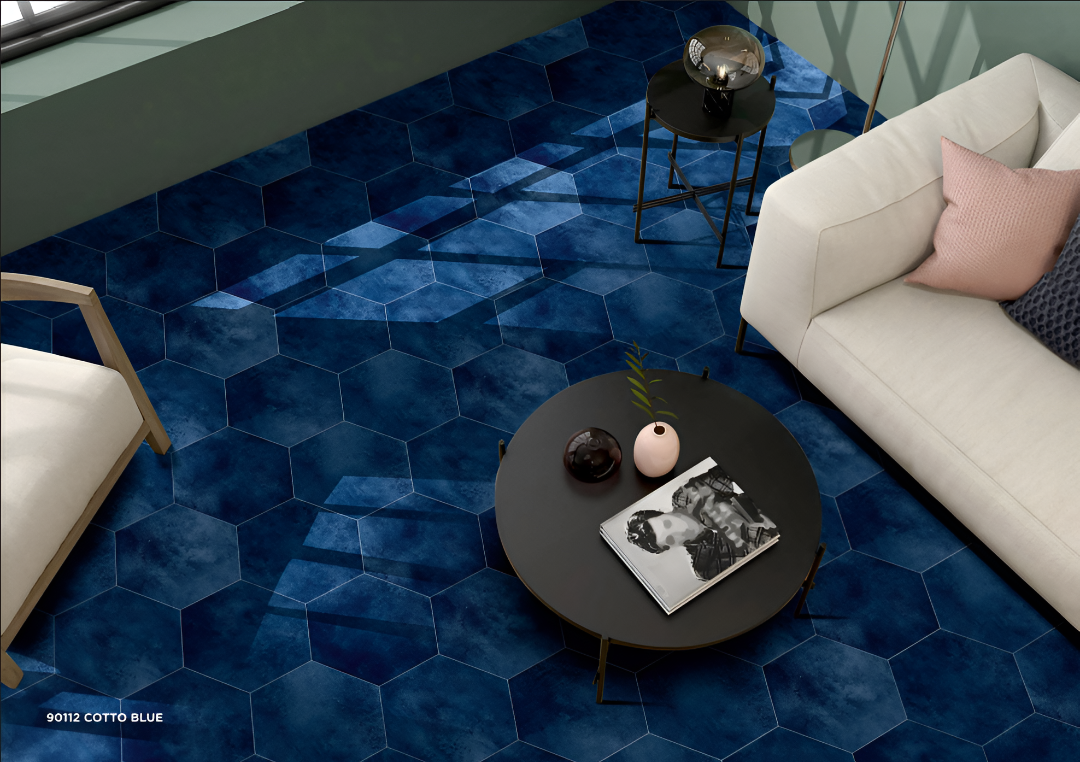 Cotto Blue Matt Porcelain Tile 8x10 Inches – soft blue hex tile for stylish floor and wall applications

