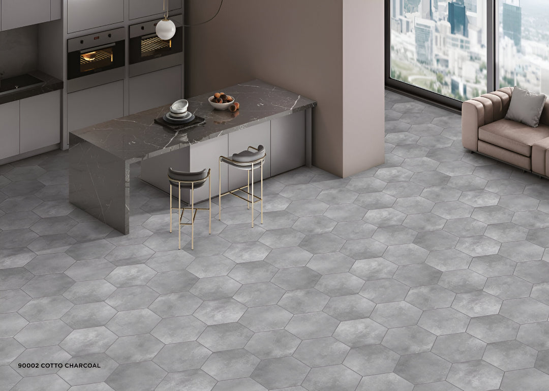 Cotto Charcoal Matt Porcelain Tile 8x10 Inches – hexagonal grey tile for modern floor and wall applications

