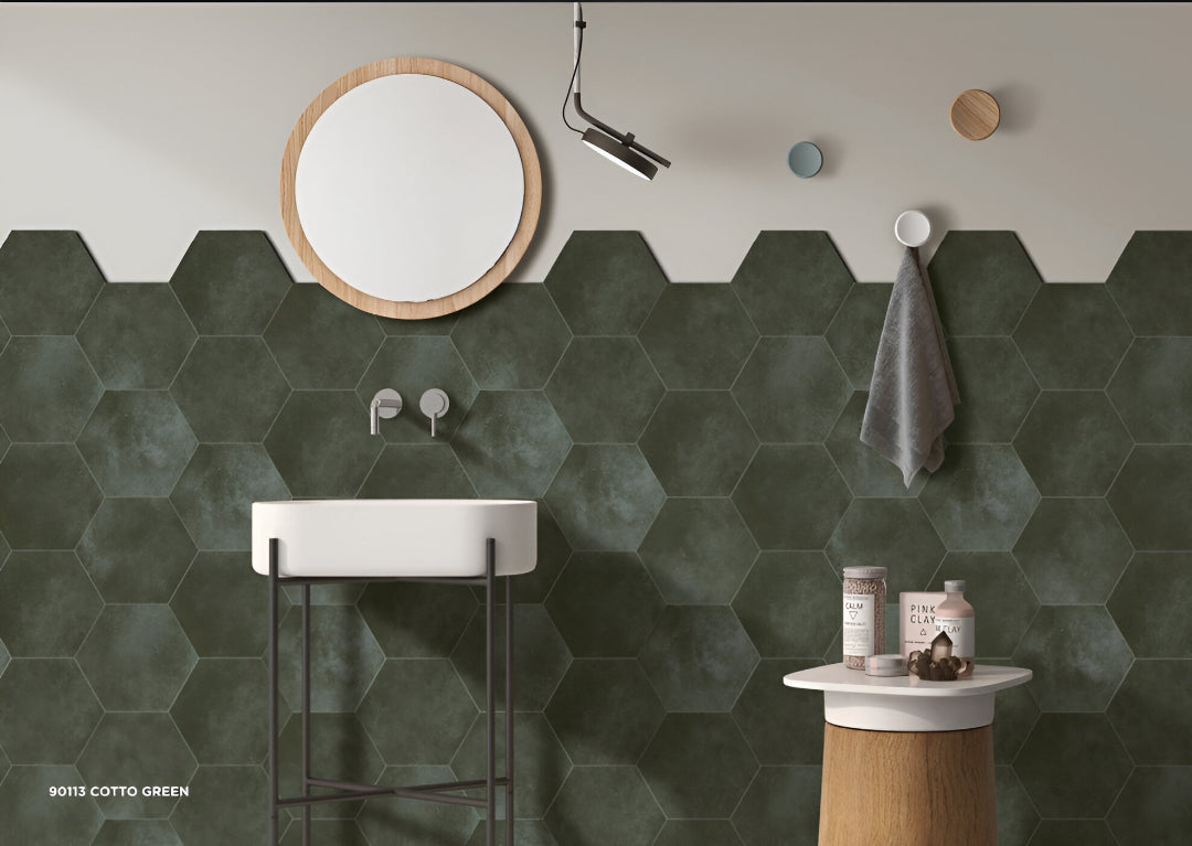 Cotto Green Matt Porcelain Tile 8x10 Inches – sage green hex tile for modern floor and wall designs

