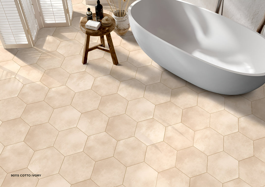 Cotto Ivory Matt Porcelain Tile 8x10 Inches – hexagonal ivory tile for modern floor and wall applications

