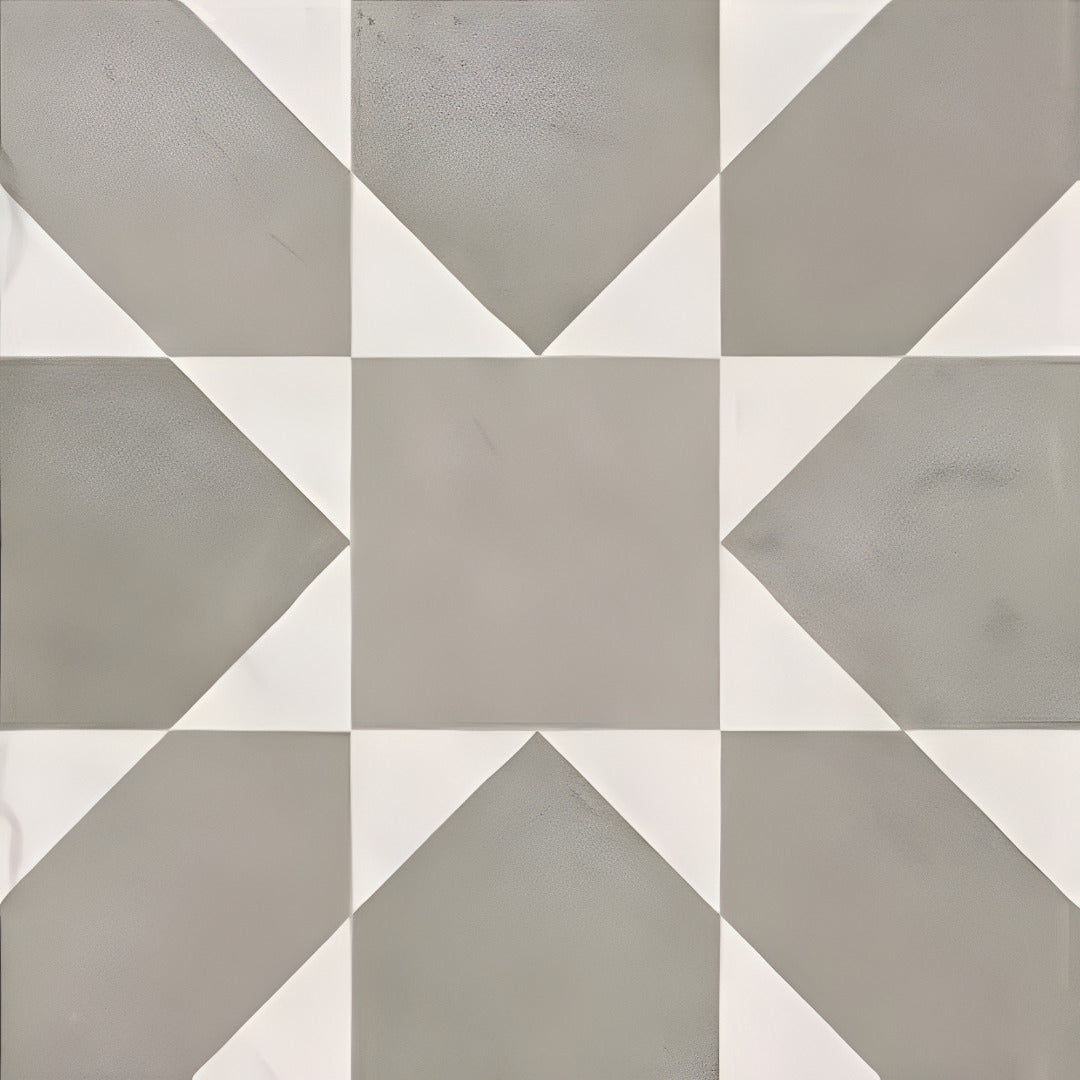 Crape Grey Decor Moroccan vitrified tile 8×8 inch with glossy finish, featuring intricate printed Moroccan and rangoli-inspired patterns in soft grey tones, suitable for stylish floor and wall applications in modern and traditional interiors.