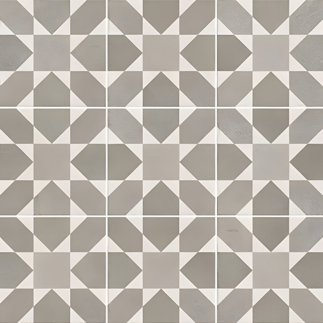 Crape Grey Decor Moroccan vitrified tile 8×8 inch with glossy finish, featuring intricate printed Moroccan and rangoli-inspired patterns in soft grey tones, suitable for stylish floor and wall applications in modern and traditional interiors.