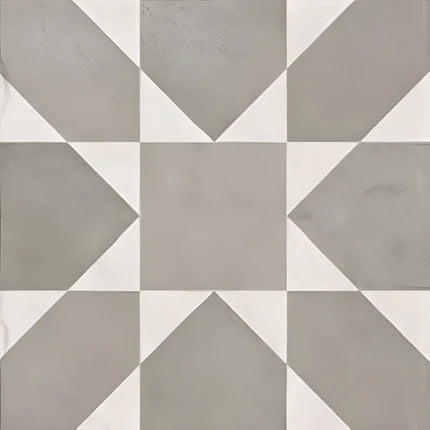 Crape Grey Decor Moroccan vitrified tile 8×8 inch with glossy finish, featuring intricate printed Moroccan and rangoli-inspired patterns in soft grey tones, suitable for stylish floor and wall applications in modern and traditional interiors.