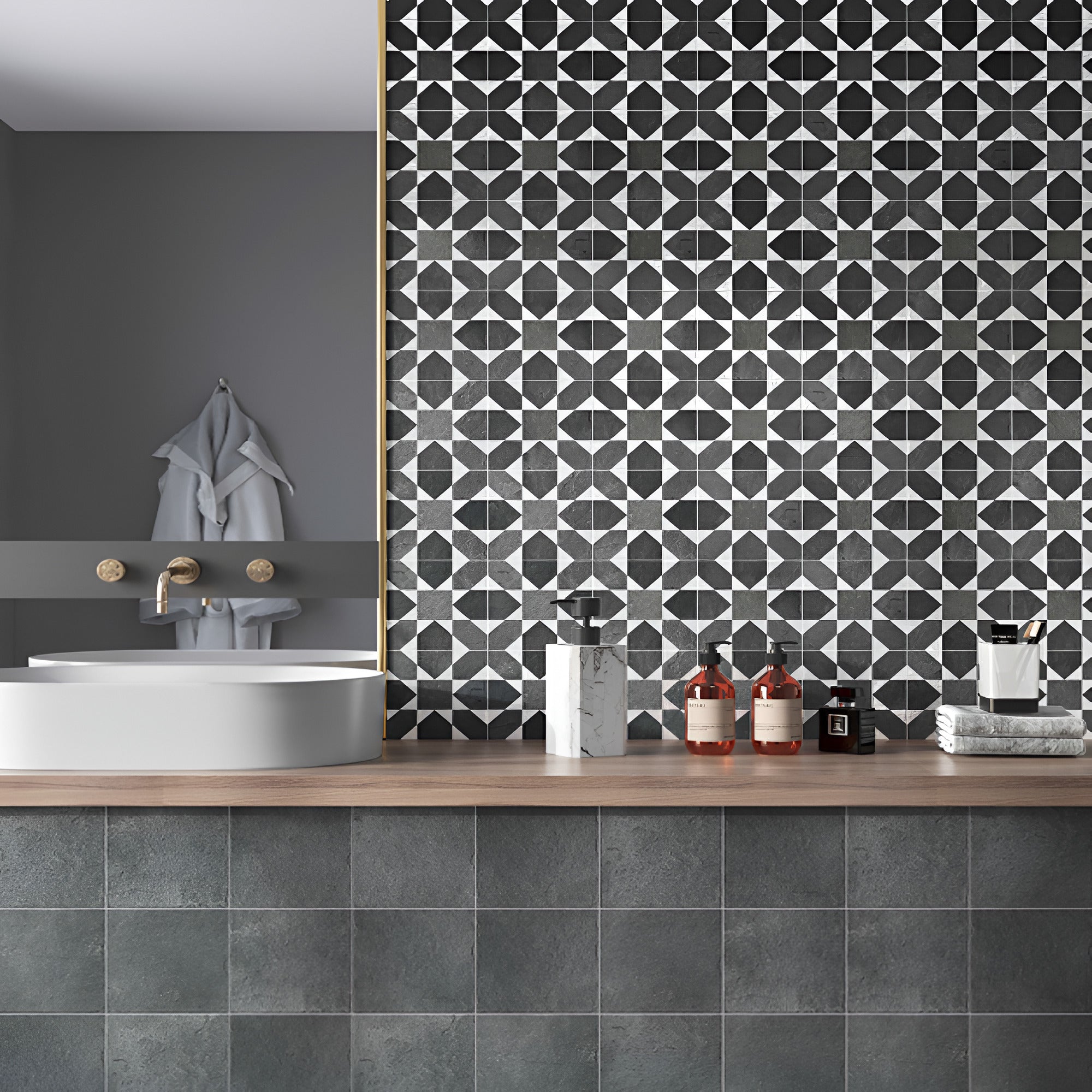 Crape Nero Decor Moroccan vitrified tile in 8×8 inch size featuring a rich nero color base with intricate printed Moroccan and rangoli-inspired detailing, glossy finish surface, suitable for stylish floor and wall applications in modern and traditional interiors