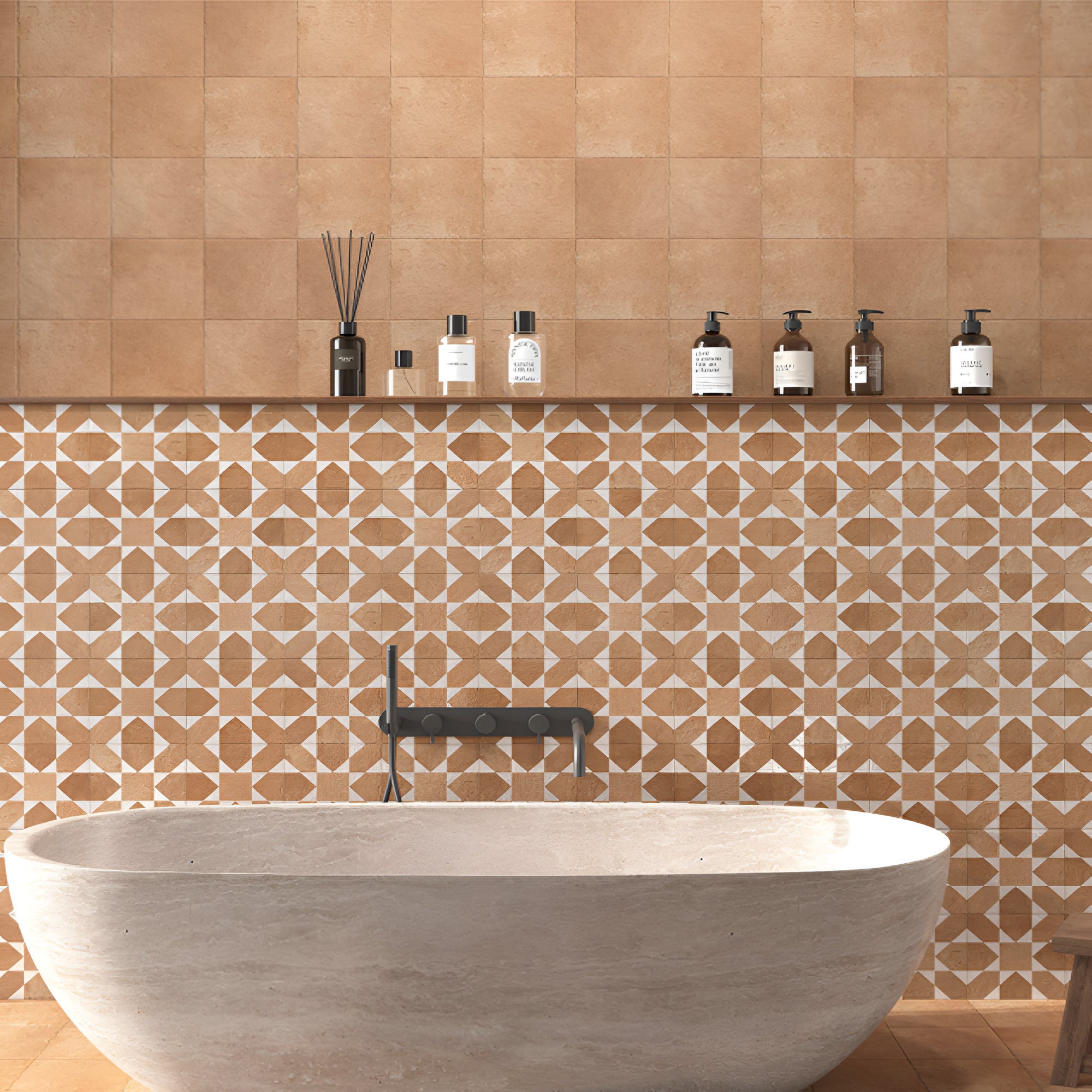 Crape brown Moroccan decor vitrified tile in 8 by 8 inch size featuring detailed printed Rangoli-inspired patterns with a glossy finish, suitable for floor and wall applications in bathrooms, kitchens, living areas, cafés, and decorative interior spaces.
