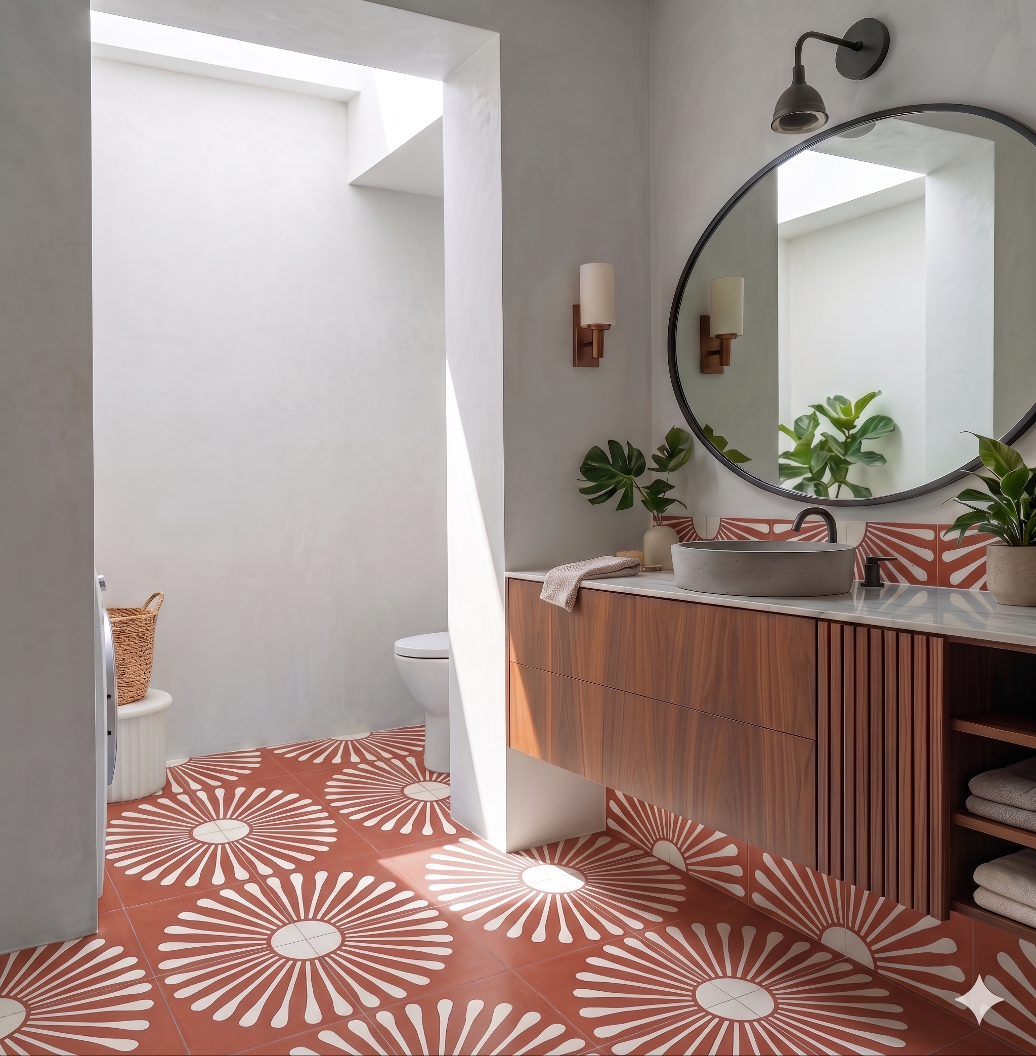 Bathroom with wooden vanity, round mirror, and patterned red and white floor.