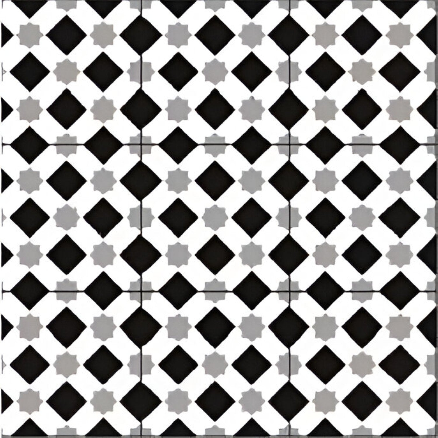 Cube 1002 Matt Ceramic Tile – 8×8 inch matte ceramic tile featuring a black and white Moroccan-inspired interlocking cube geometric pattern, ideal for modern wall and floor installations.