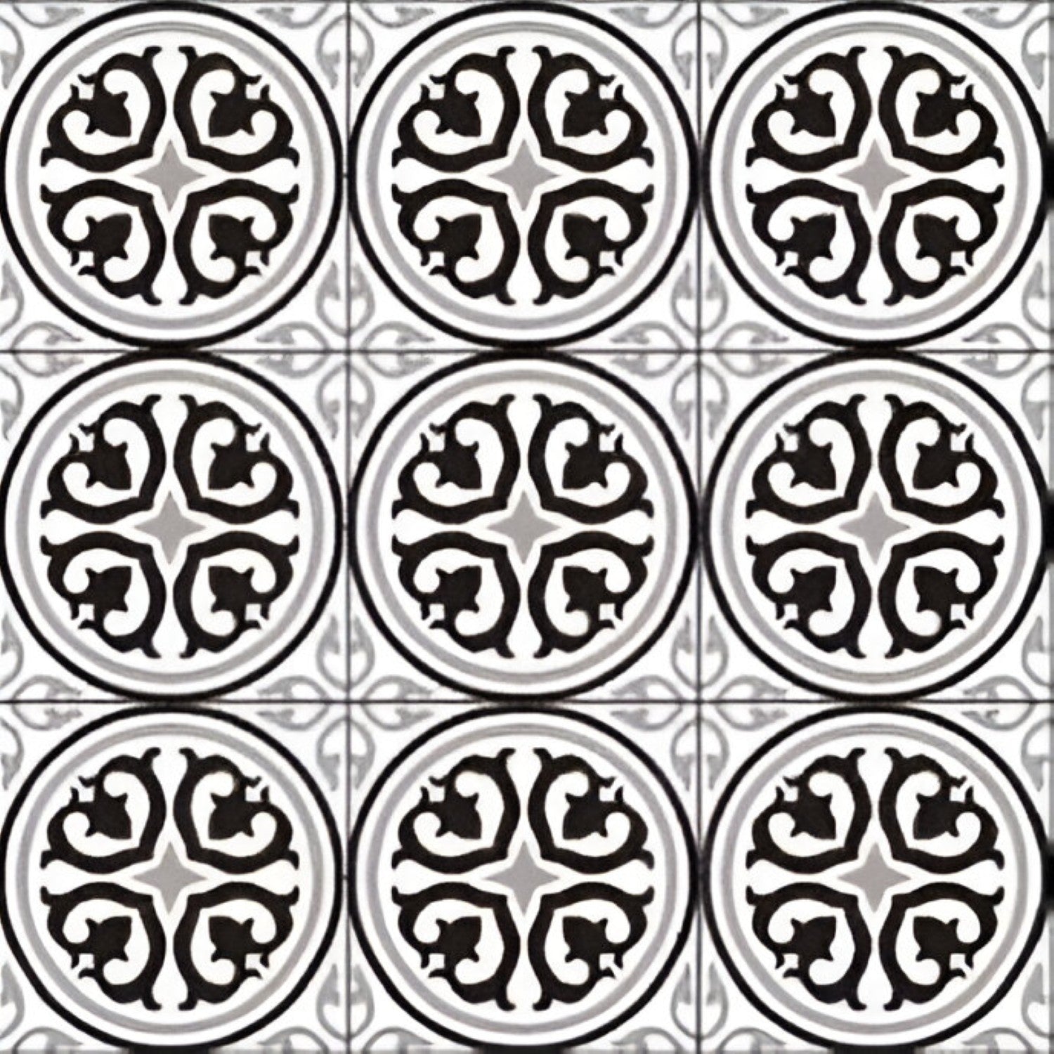 Cube 1003 Matt Ceramic Tile – 8×8 inch matte ceramic tile in classic black and white, featuring an interlocking geometric and motif-rich Moroccan-inspired pattern for stylish wall or floor installations.