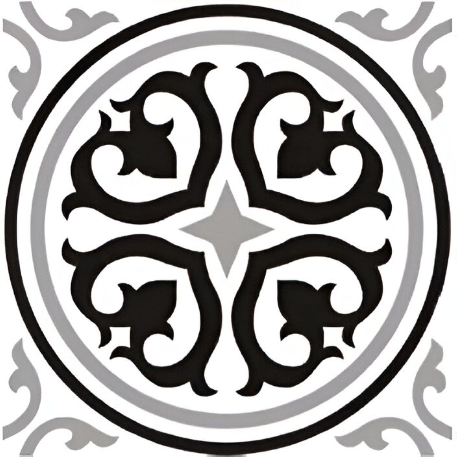 Cube 1003 Matt Ceramic Tile – 8×8 inch matte ceramic tile in classic black and white, featuring an interlocking geometric and motif-rich Moroccan-inspired pattern for stylish wall or floor installations.