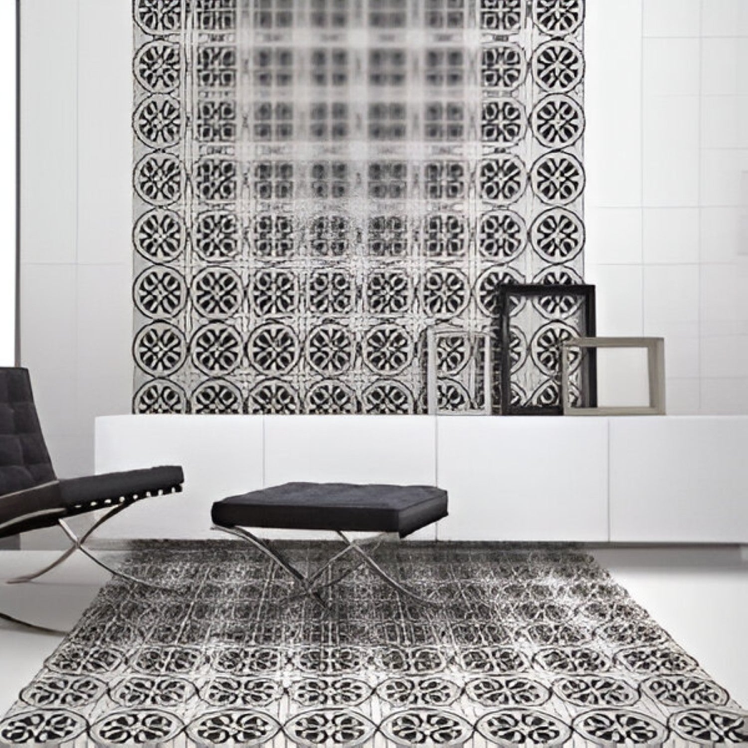 Cube 1003 Matt Ceramic Tile – 8×8 inch matte ceramic tile in classic black and white, featuring an interlocking geometric and motif-rich Moroccan-inspired pattern for stylish wall or floor installations.