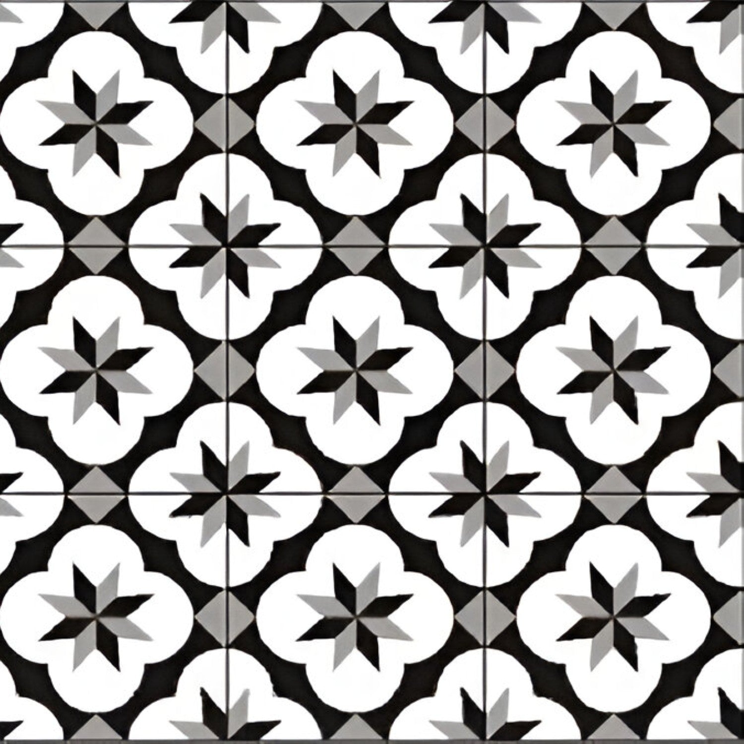 Cube 1008 Matt Ceramic Tile – 8×8 inch black-and-white matte ceramic tile featuring a bold interlocking cube-style Moroccan geometric pattern, perfect for striking wall or floor installations.